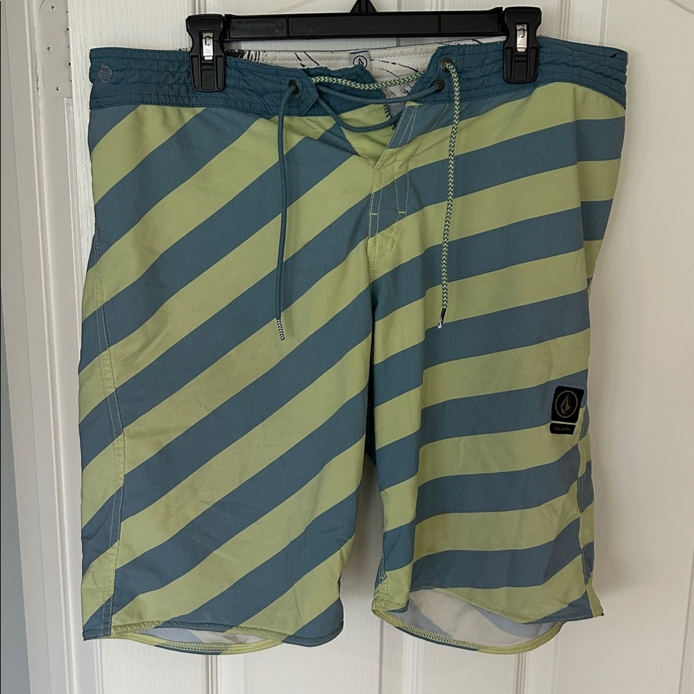 Volcom Size 34 Slingers Blue and Yellow Striped Swim Shorts